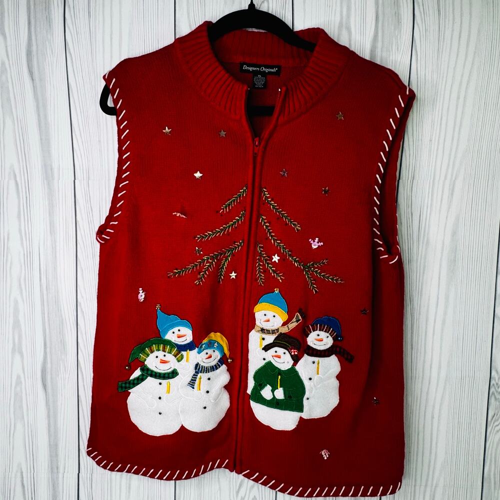 Desginers Originals Cardigan Sweater Wmns Sz XL Red Snowman Applique Xmas Zip